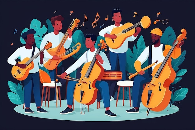 Harmony of Talents Team di musicisti che suonano strumenti diversi in illustrazione vettoriale in stile piatto