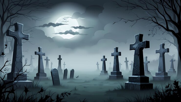 Haunted Graveyard Mist a scary scene with a full moon in the background