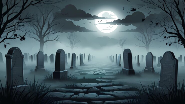 Haunted Graveyard Mist a spooky graveyard in the dark with a full moon behind it