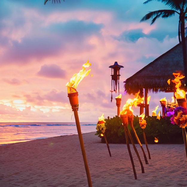 Hawaii luau beach party al tramonto Le torce tiki hawaiane si sono accese con il fuoco al ristorante dell'hotel resort di lusso