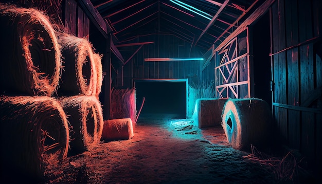 Haystacks ordinati all'interno di un moderno magazzino agricolo in campagna Illustrazione luminosa al neon di notte