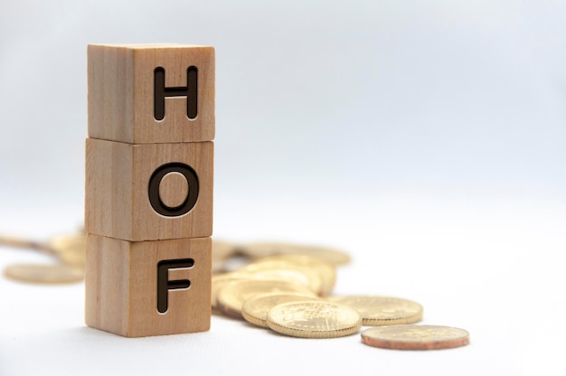 Head of Finance HOF testo inciso su blocchi di legno con spazio personalizzabile per il testo Spazio di copia e concetto di Senior Management