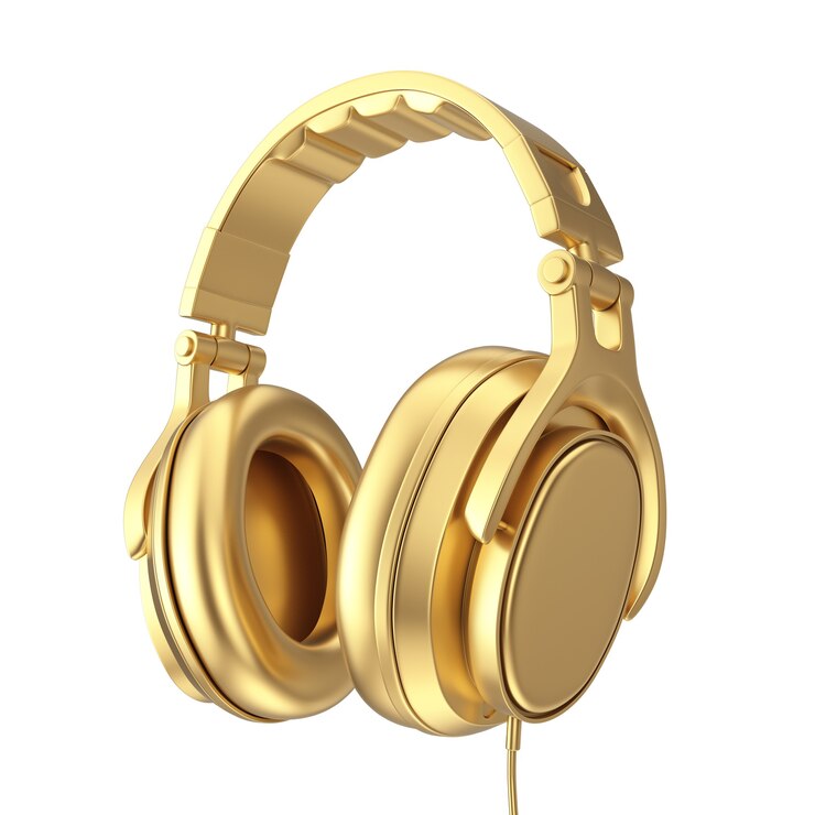 Photo headphone emas remaja modern yang menyenangkan dengan latar belakang putih. rendering 3d
