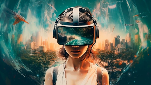 Headset VR doppia esposizione metaverso futuristico mondo virtuale stato di coscienza IA generativa