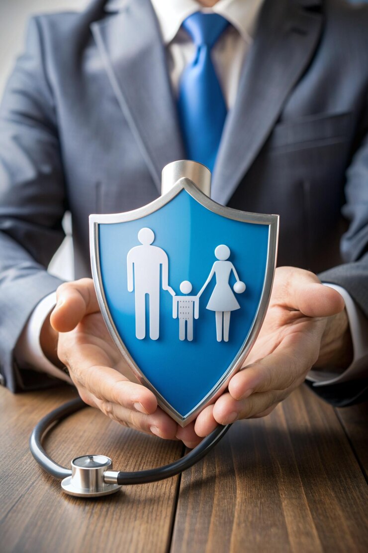 Health life insurance concept medical life insurance for the whole family Medical shield Practitioner doctor and protective and examined with a stethoscope on icon of family