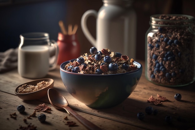 Healthy Homemade Muesli Breakfast Barrette di muesli ai cerealiSet di alimenti nutrizionali corretti per uno stile di vita sano Mangiare sano Frutta verdura acqua pura Dieta biologica Cibo calorico Bel corpo