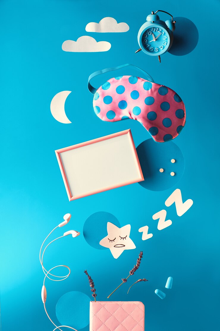 Healthy sleep creative concept, text "Sleep optimization" on lightbox. Flying or levitating sleeping mask, alarm, earphones, earplugs, pills. Paper moon star, clouds 