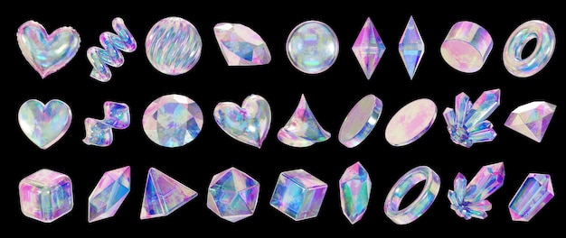 Heart e Gem set di decorazione olografica pacchetto isolato sfondo rendering 3D