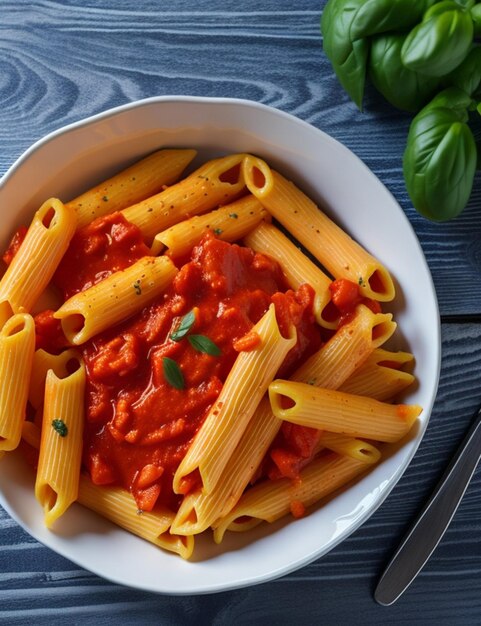 Hearty Comfort Penne Pasta in salsa di pomodoro con pollo e pomodori su tavolo di legno generato dall'AI