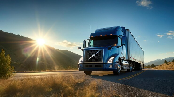 Heavy vehicle truck on highway road with mountain background