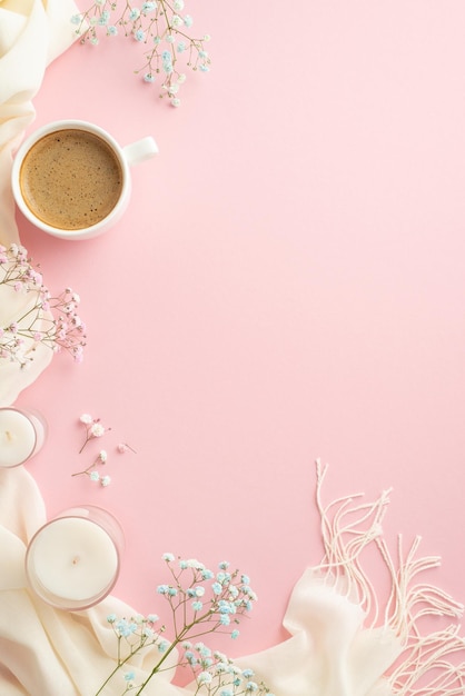 Hello concept primaverile Top view foto verticale di una tazza di caffè fresco candele in bicchieri fiori di gesso e bianco accogliente plaid su sfondo rosa chiaro isolato con spazio vuoto
