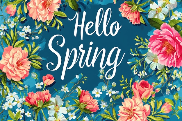 Hello Spring Blossoms La nostra iscrizione Hello Spring sullo sfondo di fiori vivaci cattura l'essenza della stagione Una perfetta miscela di tipografia e natura per cartelloni