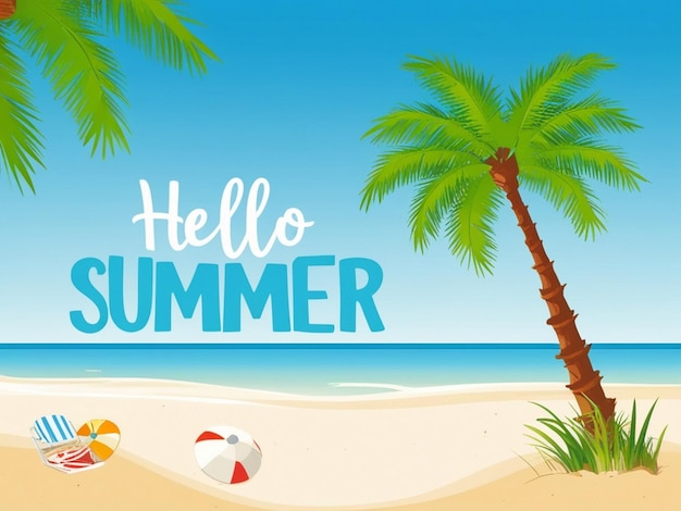 Hello Summer Poster Disegno sullo sfondo di una scena di spiaggia e la parola hello summer