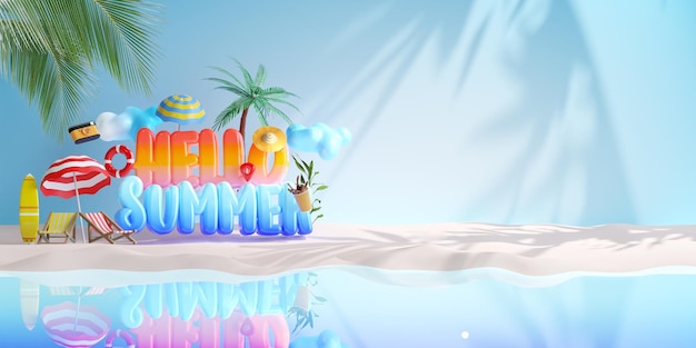 Hello to Summer banner design elementi colorati da spiaggia con scritte 3d su sfondo blu Illustrazione 3d