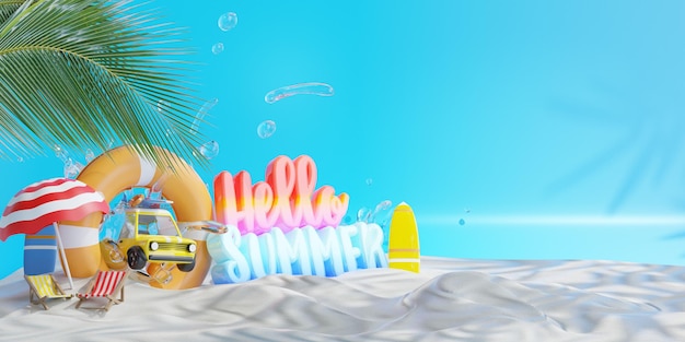 Hello to Summer banner design elementi da spiaggia con scritte 3d su sfondo sabbia Illustrazione 3d