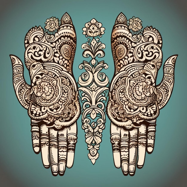 Henna Mehndi Hands Vector Illustration Disegno vettoriale di henna disegnato a mano