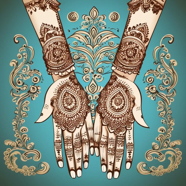 Henna Mehndi Hands Vector Illustration Disegno vettoriale di henna disegnato a mano