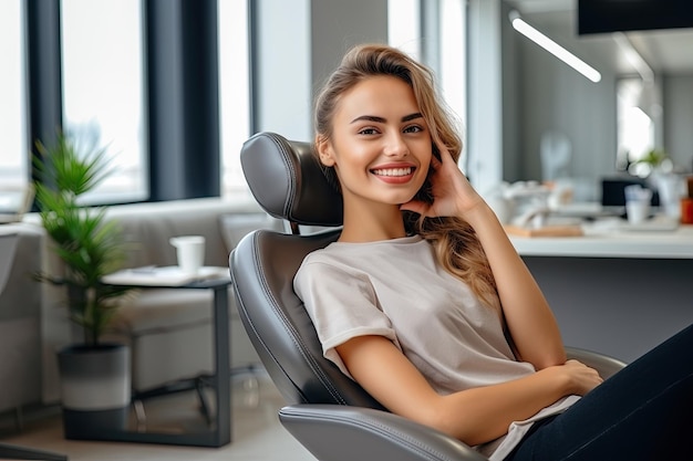 Hermosa chica en la sala de espera al dentista