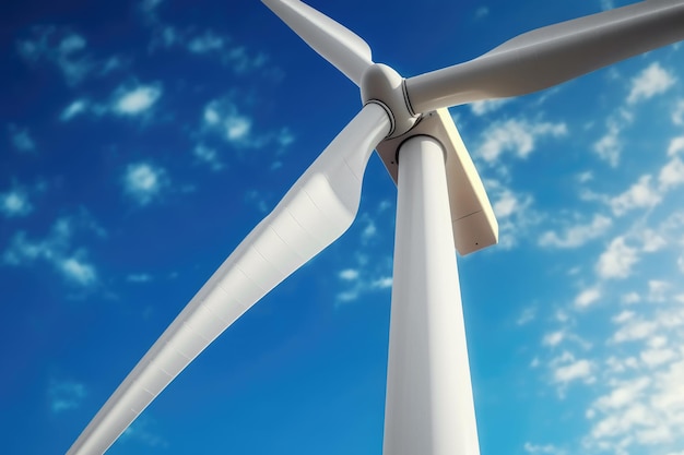 Hero vista dal basso close-up di una turbina eolica e le sue enormi pale di elica contro un cielo blu e nuvole bianche Concept dell'ecologia del futuro
