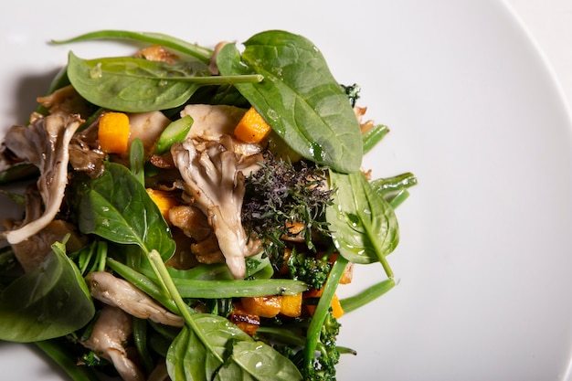 Heura saltata con verdure di stagione saltate e foglie di giardino. Primo piano. Cibo salutare. Immagine isolata.