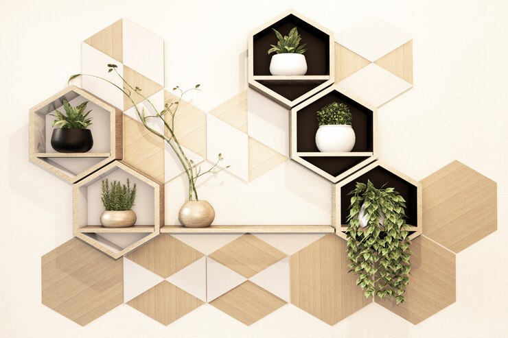 Photo hexagon wooden shelf japanese on wall