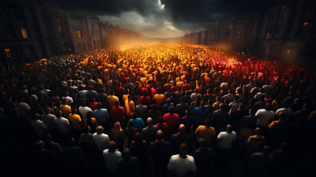 High angle shot di una folla di persone in camicie colorate sono raccolte insieme in una grande folla di camicie nere