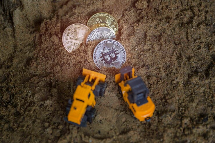 Photo high angle view of bitcoins and toy trucks on dirt