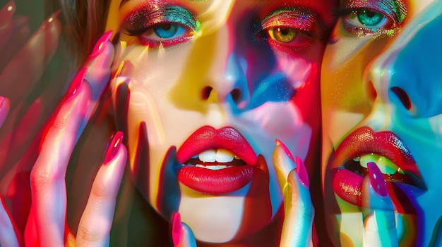 High fashion model make up collage idee di makeup artist bellezza labbra colorate occhi occhio AI generativa