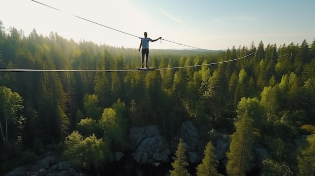 Highline sopra la foresta Il funambolo cammina su una corda