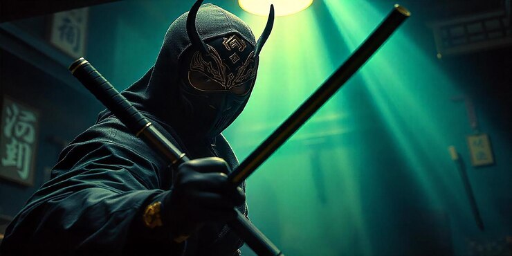 Highly detailed comic art of assassin wearing a kabuki mask emerging from the shadows suspenseful scenery in the background
