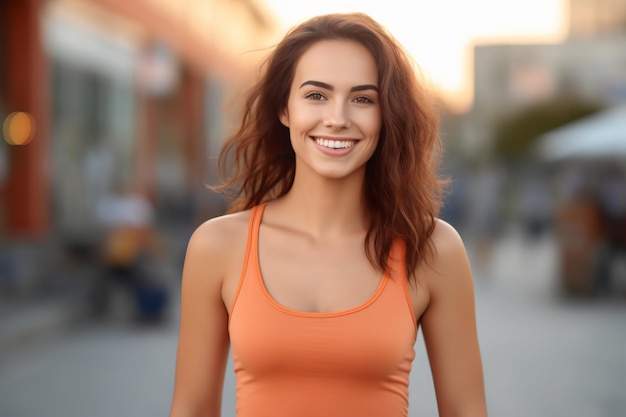 HighResolution AI Photography Giovane donna attraente che indossa Heather Blank Light Orange Tank Top Mockup All'aperto Cattura professionale di stile casuale e colori vivaci