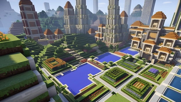 Hight dettagliato Minecraft una città con un sacco di piante e fiori in giardino Voxel gioco in stile città