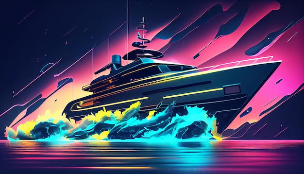 Hightech cyberpunk yacht stile cyberpunk illuminato con luci al neon AI generativa