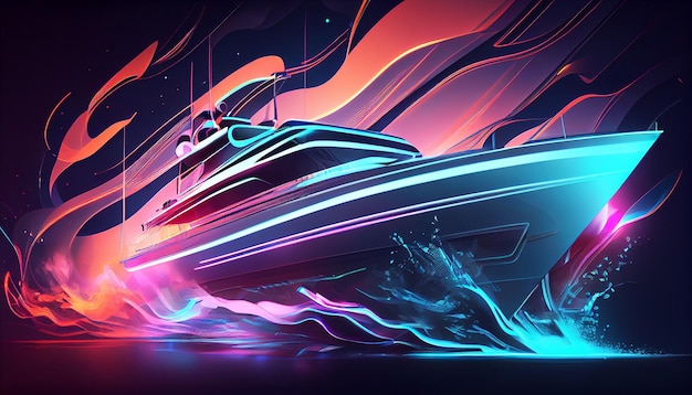 Hightech cyberpunk yacht stile cyberpunk illuminato con luci al neon AI generativa