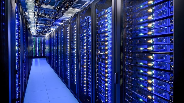 hightech data center with blue server racks cloud computing and network storage