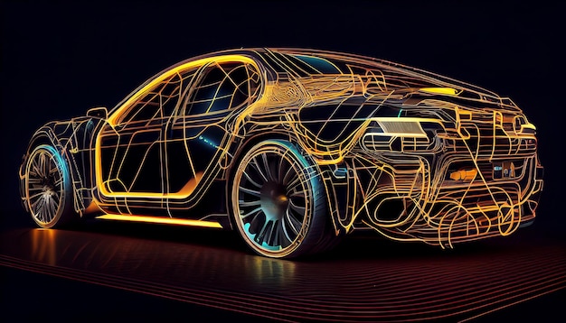 Hightech Realtà aumentata del concetto di auto wireframe futuristiche linee al neon incandescenti IA generativa