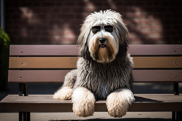 Hip and Happening Shaggy Dog Rocking Aviator Occhiali da sole su panca da esterno AI generativa