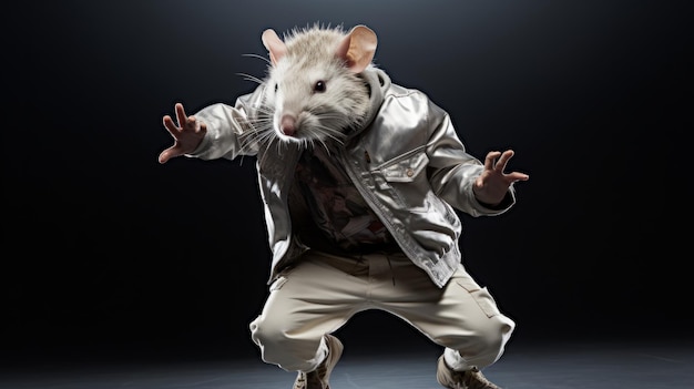 Hiphop Rat danza su uno sfondo buio in un elegante costume