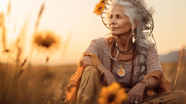 Hippie anziana dai capelli grigi con una ghirlanda di fiori sulla testa e bellissimi accessori AI generativa
