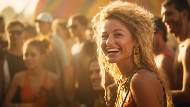 Hippie della giovane donna con capelli lunghi che sorride ad un festival di musica