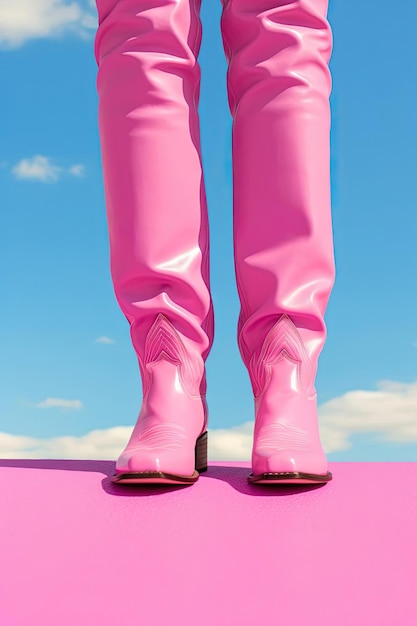 hippie femminile in piedi in stivali da cowboy rosa nello stile dell'estetica kitsch