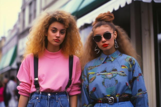 Hipster anni '90 Stile Memphis Anni '90 Festa di musica retrò Funky retrowave registratore a nastro neon Moda street style aspetto luminoso abbigliamento importato stile evocativo AI generativa