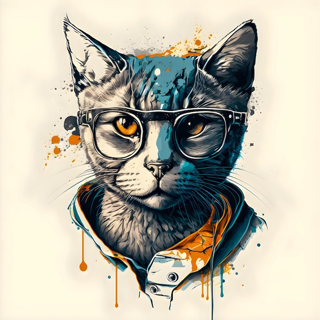Hipster carino Pop Art gatto illustrazione disegnata a mano