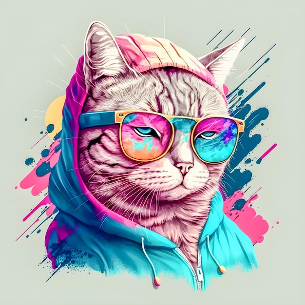 Hipster carino Pop Art gatto illustrazione disegnata a mano