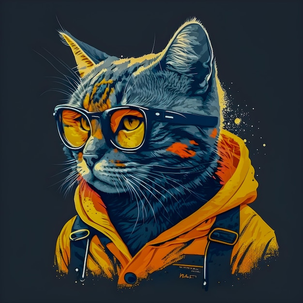 Hipster carino Pop Art gatto illustrazione disegnata a mano