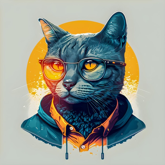 Hipster carino Pop Art gatto illustrazione disegnata a mano