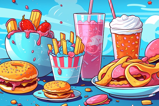 Hnad disegnato sullo sfondo del fast food