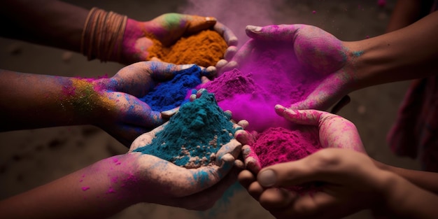 Holi festival con la vernice brillante sulle mani Creato con la tecnologia AI generativa
