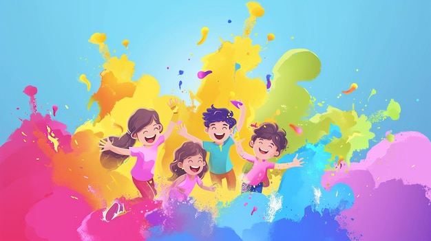 Holi festival modello di banner creativo disegno Illustrazione di bambini e colorato Generative Ai