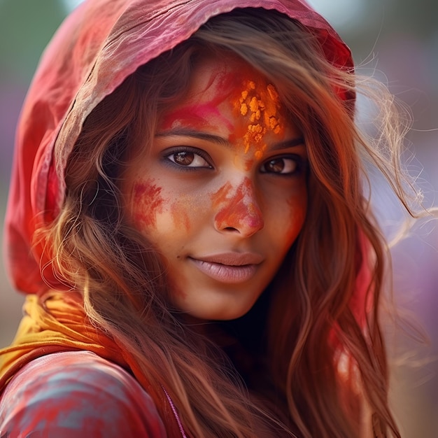 Holi Festival Of Colours ragazza indiana donna con vernice in polvere sul vestito Illustrazione generazione di AI